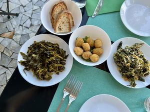 Veggies and stuffed olives as starter  at La Puntarella Pazza in Rome