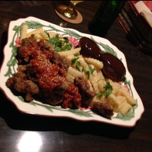 hamburg plate with soy chiken and fries at Vespera's Falafel in Tokyo