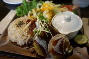 Falafel burger set. 1050 yen (two burgers + avocado topping) at Vespera's Falafel in Tokyo