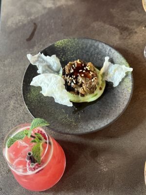 Miso aubergine on broad bean pestoo  at FUMI in Brighton