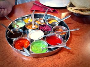 Assortment of Dips that came with the breadbasket, all but the yoghurt dip are vegan at Mantra in Kuehlungsborn