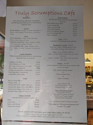 Menu September 2024- smiley face means vegan at Truly Scrumptious in Hythe