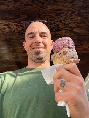 Açaí Super Berry Crumble & Chocolate Chunk.  at Moo's Place Homemade Ice Cream in Derry