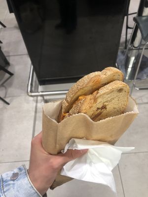 A warm toastie and a place to sit, what else can one ask for?  at Soul + Grain - London City Airport in East London