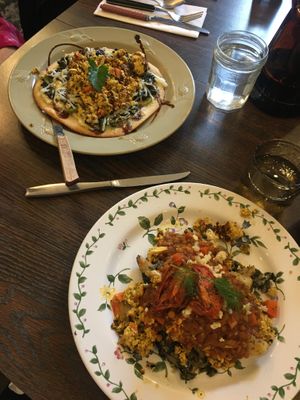 Vegan brunch specials! Pizza and Olympus Plate at Voula's Greek Sweets in Rochester