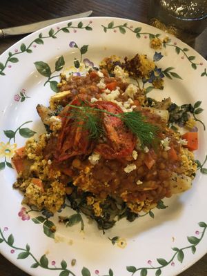 Olympus Plate: spinach garlic tofu scramble, potatoes, lentils, vegan feta at Voula's Greek Sweets in Rochester