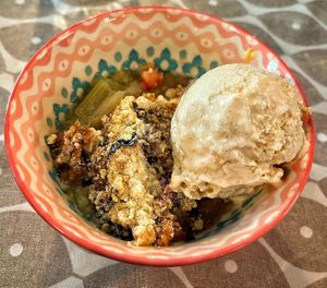 Rhubarb crumble with ice cream at The Village Bistro in Edinburgh