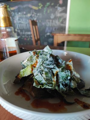Mushrooms with tahini sauce at La Hoja Verde in Tulum