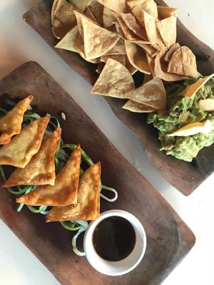 Homemade guacamole and empanadas  at La Hoja Verde in Tulum