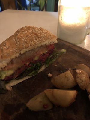 beet burger  at La Hoja Verde in Tulum