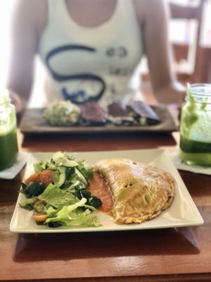 Vegan omelette and in distance vegan quesadillas  at La Hoja Verde in Tulum
