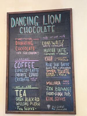 Menu  at Dancing Lion Chocolate in Manchester