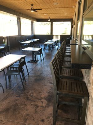 Patio seating. The windows on the right open into the inside bar area when weather permits. at Mizzy's Pizza in Carver