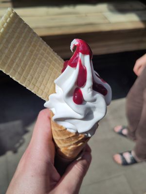 Vegan ice cream with elderflower and berries sauce! at The Secret Garden Cafe in Cardiff