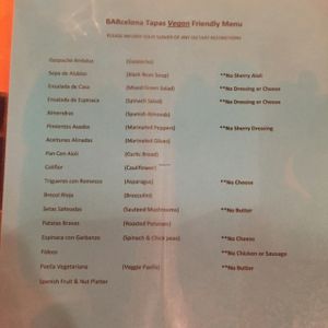 ";Vegan menu"; (ingredients not included to make their plates Vegan) at BARcelona Tapas in Indianapolis