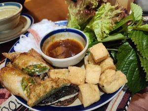 Traditional rice noodles and tofu set with full toppings of 6 kinds and veggie with amazing dipping sauce at Mây Vegan - Cùng mình ăn chay in Hanoi
