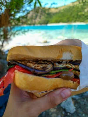 Panino vegano verdure grigliate olive taggiasche pomodoro at Il Solengo Street Food in Fiastra