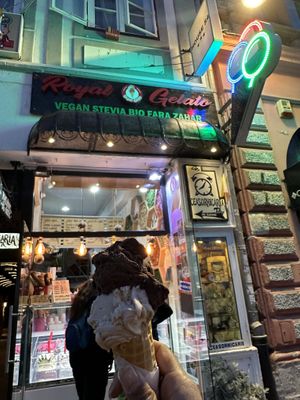 Front of shop with my 2 scoops  at Royal Gelato in Brasov