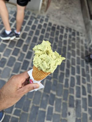 Pistachio ice cream in vegan cone at Royal Gelato in Brasov