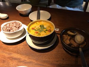 Red rice, Hot and sour soup and braised tofu at Hum Vegetarian - District 3 in Ho Chi Minh City