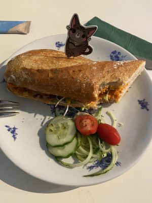 Lunch sandwich vegan filet americain (yes I already took one bite)  at Kattencafé De Spinnerij in Tilburg