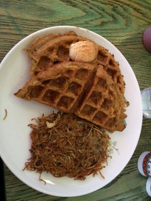 Coconut curry waffles and hashbrowns.  at Bragg's Factory Diner in Phoenix