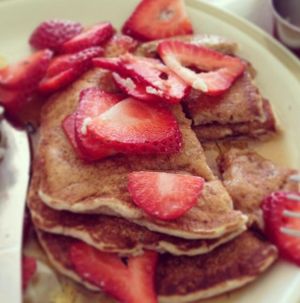 Almond-flavored pancakes with fresh strawberries (I omit the feta cheese) at Bragg's Factory Diner in Phoenix