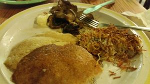 Breakfast. Pancakes, hash browns, and eggplant 'bacon'  at Bragg's Factory Diner in Phoenix