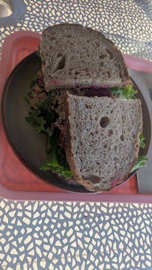 Chickpea tuna sandwich, with beetroot, lettuce and tomato at Yaygit in Seattle