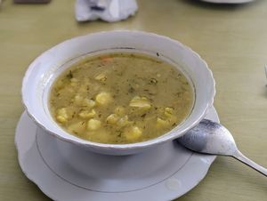 Corn and potato soup at Restaurante Vegetariano Zuvar in Puyo