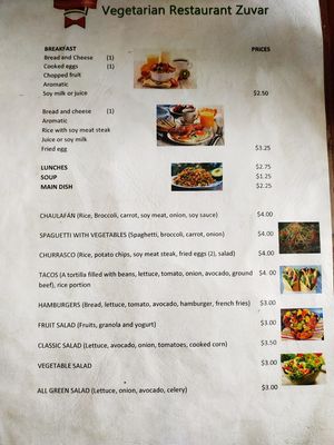 Menu at Restaurante Vegetariano Zuvar in Puyo