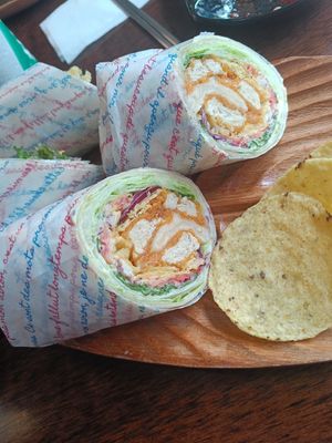 Chicken tortilla wrap with nacho chips at Vegan Kitchen - 비건 키친 in Seoul