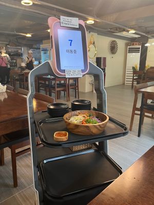 Robot bringing the bimbimbap. at Vegan Kitchen - 비건 키친 in Seoul