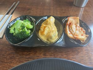 Broccoli, pumpkin and kimchi banchan (side dishes)   at Vegan Kitchen - 비건 키친 in Seoul