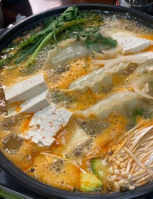 Mandu Jeongol (dumpling soup) has so many ingredients in it. Perfect to share, and specially you want it boiling right in front of you  at Vegan Kitchen - 비건 키친 in Seoul