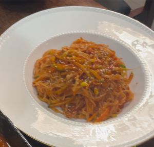 Bibim gooksu (noodle), a combination of 3Ss (Sweet, Sour, and Spicy). One of snacky meal for Koreans  at Vegan Kitchen - 비건 키친 in Seoul