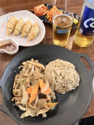 Bulgogi, fried dumplings, Korean beer  at Vegan Kitchen - 비건 키친 in Seoul