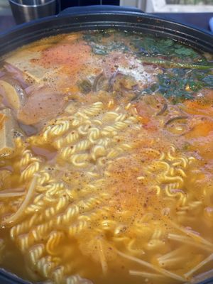 Budaejjigae (army soup) with vegan sausages, ham, tofu, and vegetable. Very clean  at Vegan Kitchen - 비건 키친 in Seoul