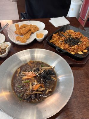 Normal chicken, kim chi fried rice, japchae  at Vegan Kitchen - 비건 키친 in Seoul