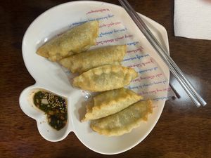 Fried dumplings (they were filled with a soy meat mixture)  at Vegan Kitchen - 비건 키친 in Seoul