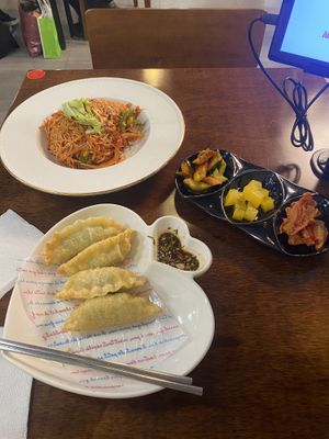 The whole meal (minus one dumpling), with complementary pickles. Enough for leftovers and at a good price point!  at Vegan Kitchen - 비건 키친 in Seoul