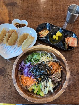 Bibimbap and dumplings  at Vegan Kitchen - 비건 키친 in Seoul