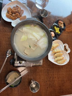 Fish stew, fried chicken, fried dumplings   at Vegan Kitchen - 비건 키친 in Seoul