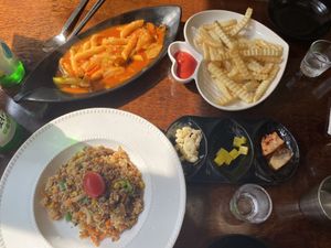 tteokbokki, fries and beef fried rice   at Vegan Kitchen - 비건 키친 in Seoul