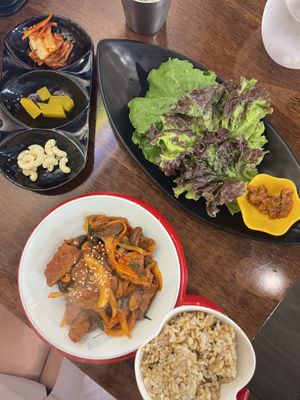 Beef with salad and kimchi plus pickles - no idea what noodles are doing heree  at Vegan Kitchen - 비건 키친 in Seoul