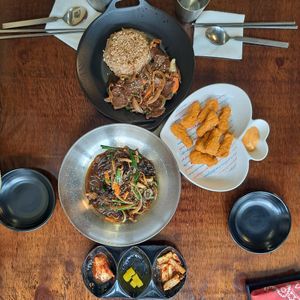 Japchae, Bulgogi with rice, Fried Chicken (M) at Vegan Kitchen - 비건 키친 in Seoul