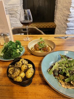 smoked cauliflower nuggets, miso aubergine, steamed vegetables, new potatoes  at Napoleon Inn in Boscastle
