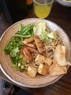 Noodle bowl with vegan chicken, tofu, cilantro, spring onions, sprouts, cabbage, beans, special (spicy) sauce and some crunchy whatever at Yaya's Thai Street Food in Augsburg