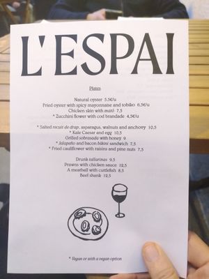 Menu at L'Espai in Tossa De Mar