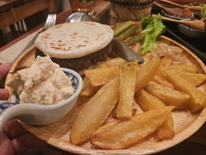 Chickpea burger (the staff advised the bread used milk and suggested a pita instead - very reassuring) at Yuni Yupoun  in Luang Prabang